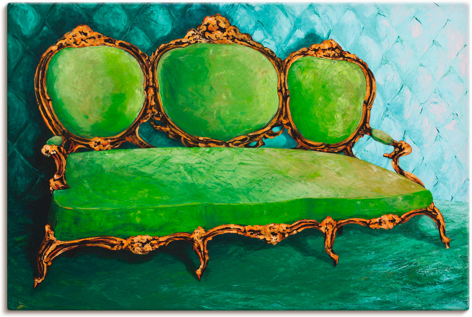Leinwandbild ARTLAND "Sofa grün", grün (farbe bild(er): grün), B:90cm H:60cm, Bilder, Leinwandbild, auf Holzrahmen gespannt farbe bild(er): grün B/H/T: 90cm x 60cm, Leinwandbild Innenarchitektur Querformat, 1 Stk.
