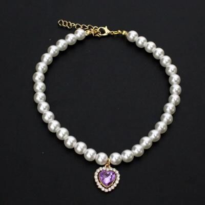 Inspire Select Elegant Pearl Cat Collar Necklace Adjustable Faux Pearl Pet Collar For Cats & Kittens purple l 11.813.8 In