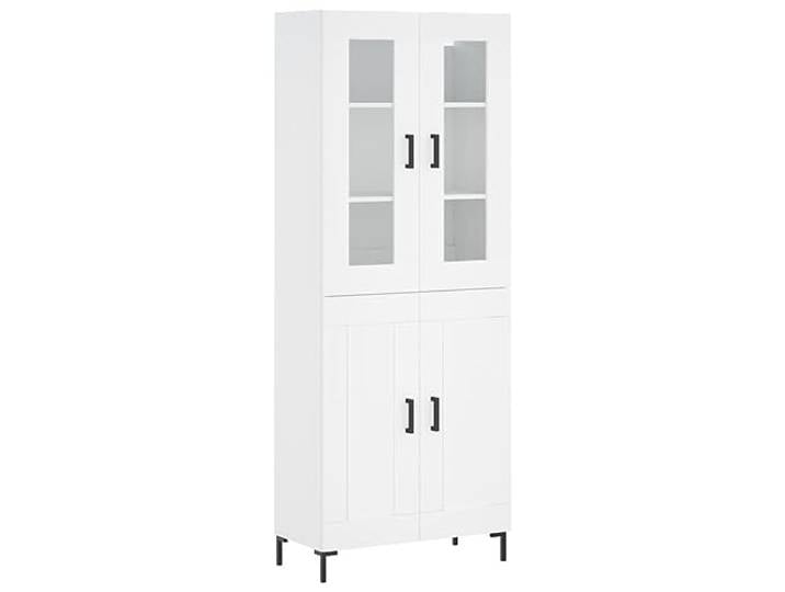 HGFDVCMR Highboard Weiß 69,5x34x180 cm Holzwerkstoff Schrank 2-teilig Elegantes Standregal mit Glas-Komponente und Metallfüßen für Wohnzimmer oder Flur. Spendet vielseitigen Stauraum.