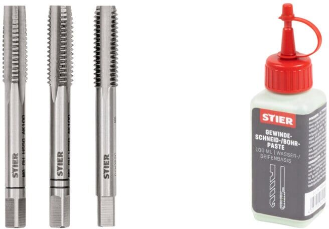 Set Stier STIER Handgewindebohrer Satz 3-tlg. DIN 352 HSS-G M 8 + STIER Gewindeschneidpaste Bohrpaste 100 ml Wasser-/ Seifenbasis