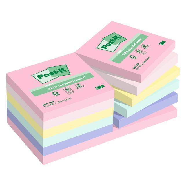 Post-it Recycled mix colors 76x76 100sh (12) (76 x 76 mm) (654-1RP)