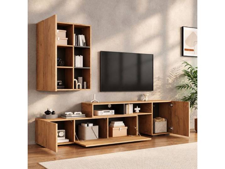 Norevia Ensemble Meuble TV Mural Extensible jusqu'à 265 cm Meuble TV Bois et Noir
