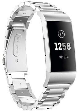 Everyday Crate Premium Stainless Steel Watch Band Replacement Strap For Fitbit Charge 3 With Secure Slingshot Buckle silver