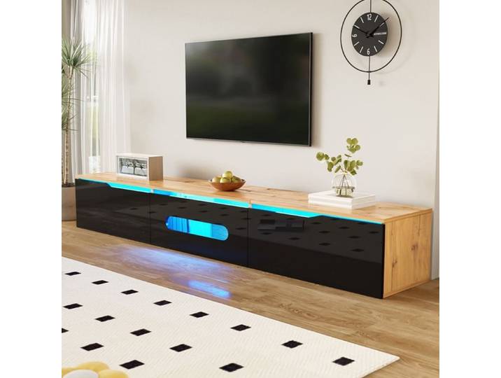 Meuble TV LED 180 cm Meuble Tele Peut être Suspendu ou Posé au Sol Buffet TV Noir Brillant Moderne pour Salon Chambre à Coucher