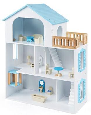 Costway Wooden Dollhouse with 5 Rooms and Furniture Accessories for Kids-Blue