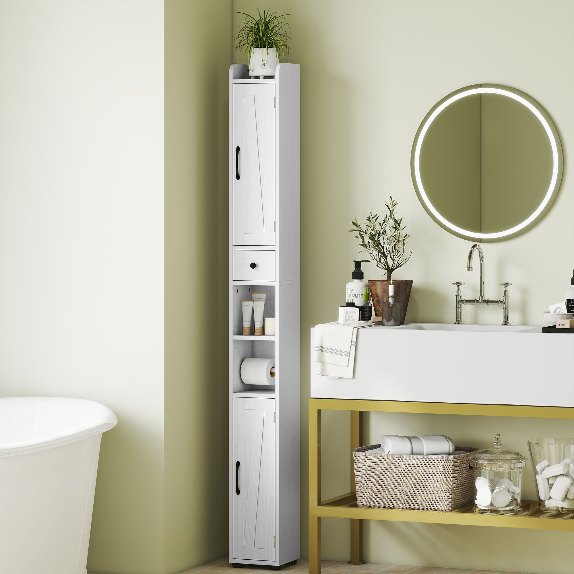 Homcom Mobiletto da bagno alto a colonna con 2 ante, cassetto e ripiani regolabili, 20x20x185 cm, Bianco   Aosom Italy