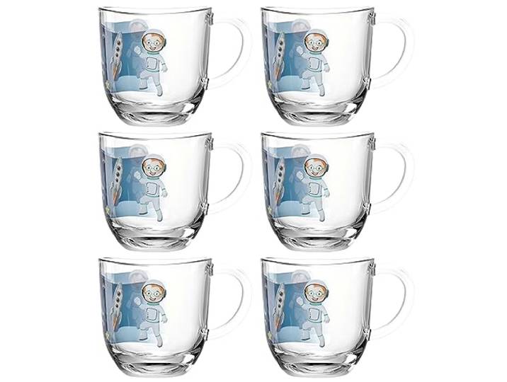 LEONARDO Bambini Avventura Lot de 6 tasses pour enfant avec motif en verre à paroi épaisse Contenance 280 ml Passe au lave-vaisselle et au micro-ondes Robuste Lot de 6 avec motif espace