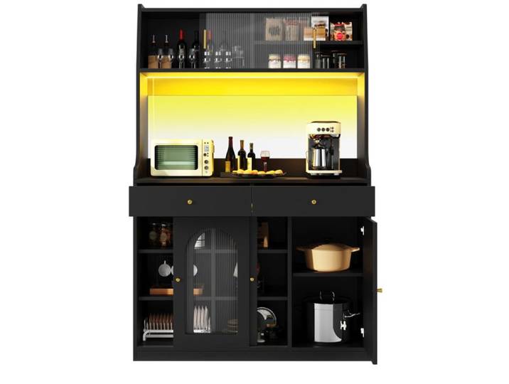Meuble vitrine noir avec LED à couleurs variables 2 tiroirs et tablettes réglables