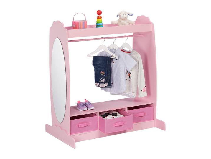 Relaxdays Kleiderständer Rosa Kinder mit Spiegel 3 Stoffboxen 107 cm, Holzwerkstoff, Glas, Textil, 97.5x107x61 cm, Baby- und Kindermöbel