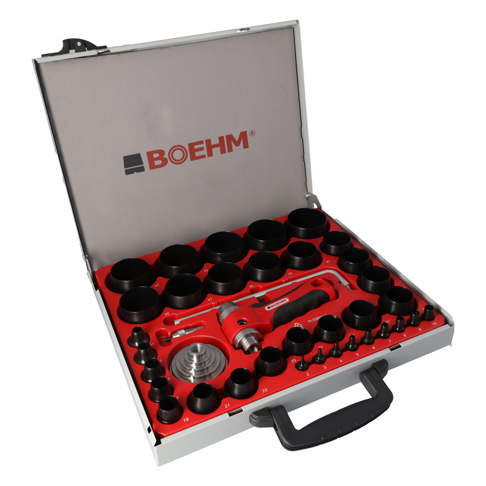BOEHM JLB259PACC Locheisensatz 2-59mm inkl. Halter, Aufnahmescheibe, federnder Zentrierspitze, Stange mit Zirkel & Ersatzmesser im Metallkoffer