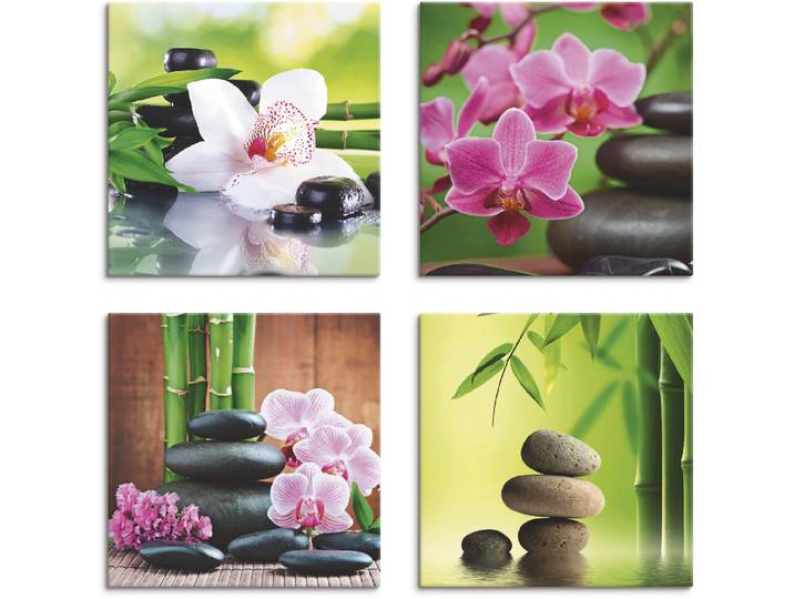 Leinwandbild ARTLAND Spa Bambus Zweige Zen Steine , grün (farbe bild(er): grün), B:40cm H:40cm, Leinwand, MDF, Bilder, Leinwandbild, 4er Set, verschiedene Grössen