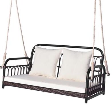 Costway 880LBS Wicker Hanging Porch Swing with Cushions-White