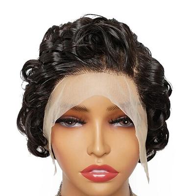 Pixie-Lockenperücken, 13 x 4 Zoll, mit Spitze vorne, Echthaarperücke, schwarze Farbe, indisches Haar, kurz, federnd, lockig, Seitenteil, vordere Spitze