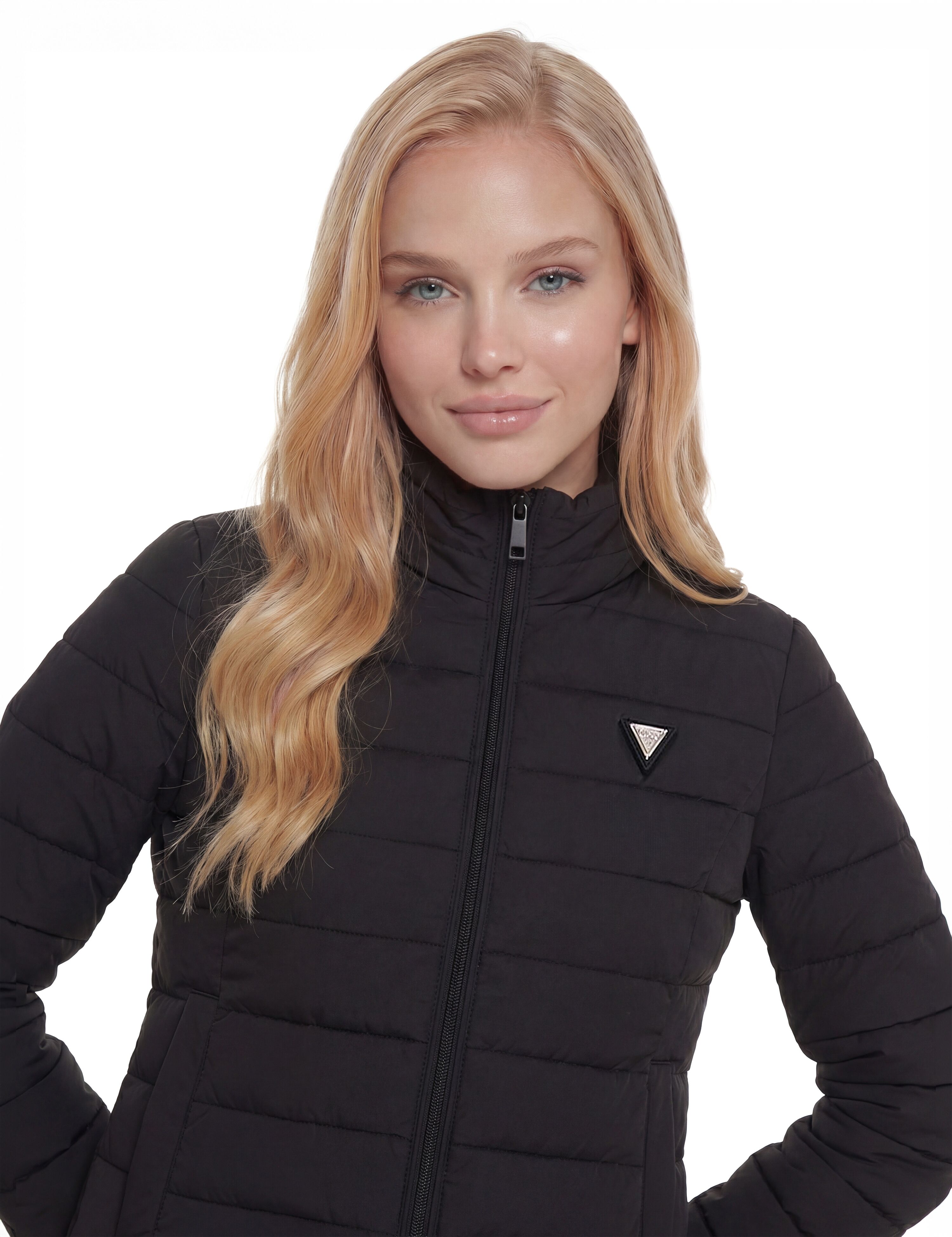 Steppjacke GUESS "SOLID HEAVY DIANN PUFFER JACKE", Damen, Gr. M (29), schwarz (jet schwarz a996), Web, Obermaterial: 93% Polyester, 7% Elasthan, unifarben, hüftlang, hoch geschlossener Ausschnitt, gerader Abschluss, Jacken Steppjacke, mit Stehkragen, gefü