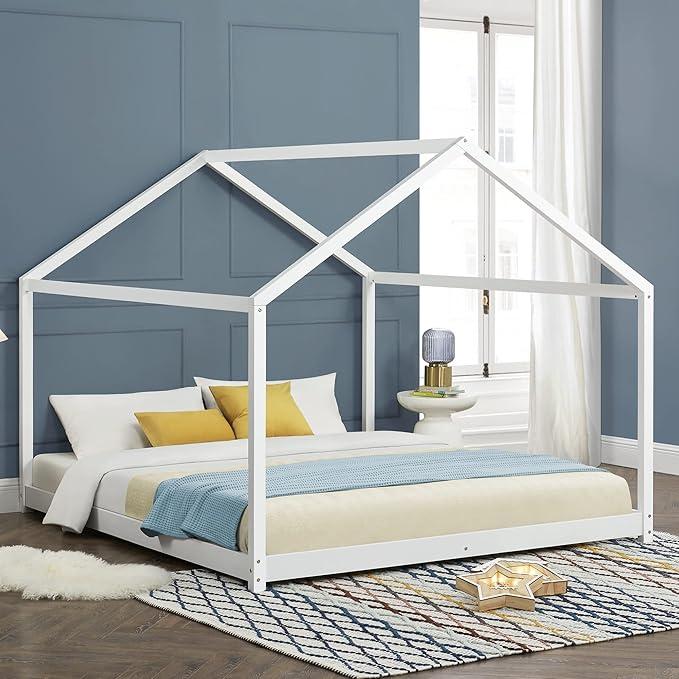 Kinderbett Cerro Hausbett Jugendbett Bettenhaus mit Lattenrost Montessori Bett aus massiver Kiefer Bettgestell 160x200cm Weiß