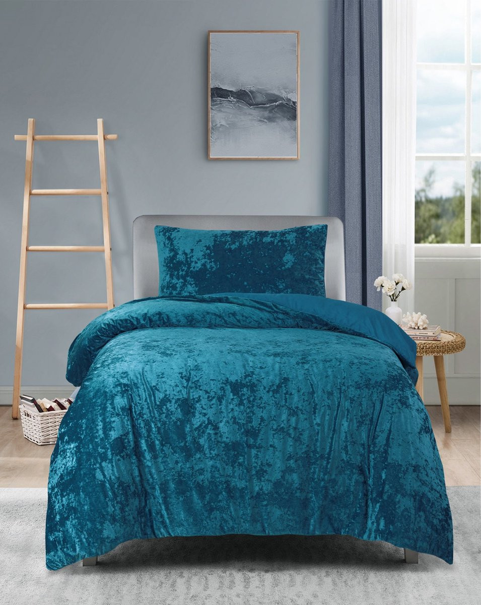 Princess Crushed Velvet Dekbedovertrek met Kussensloop - Petrol Blauw - 140x200 cm