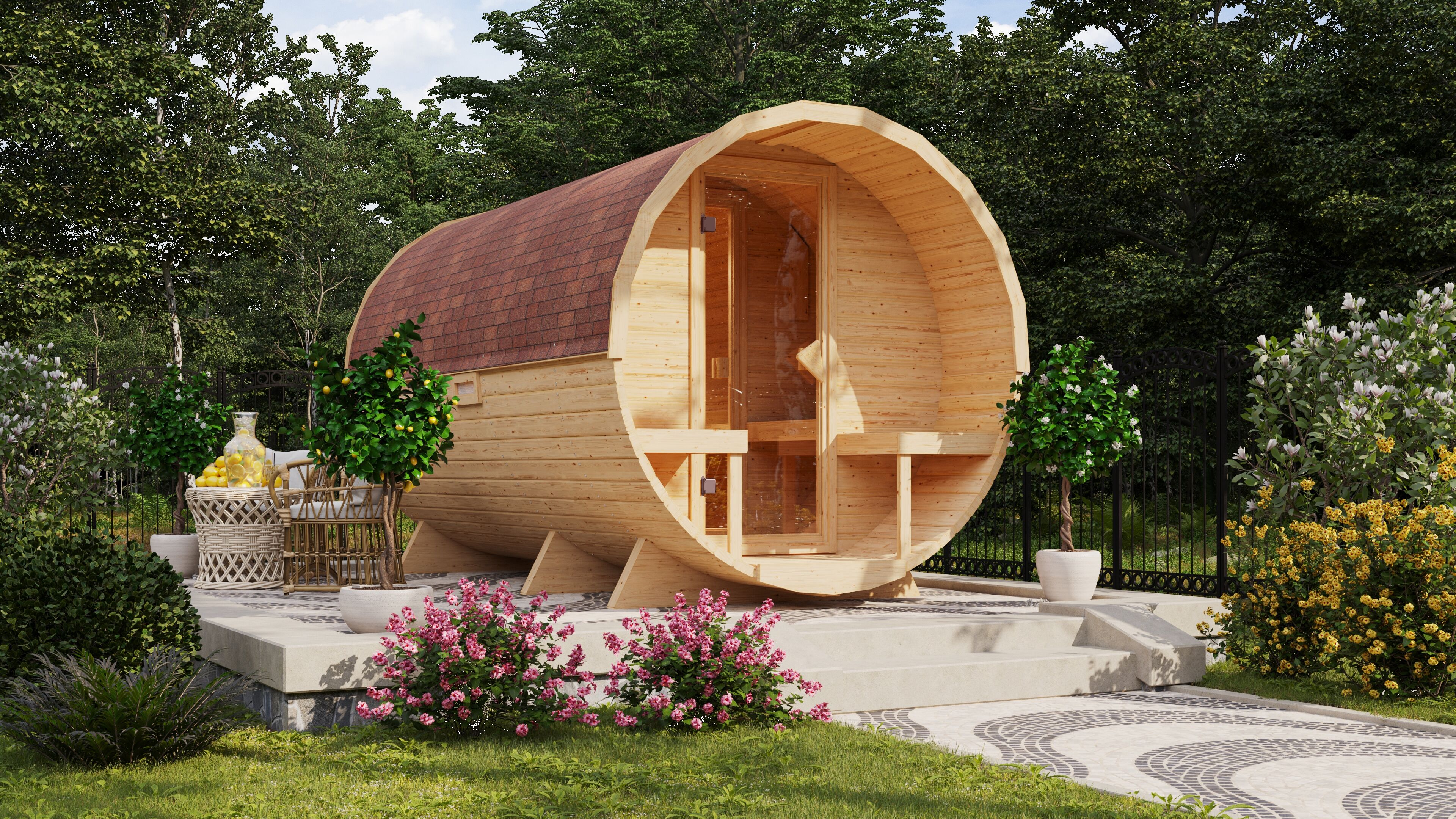 Fasssauna KONIFERA "Lathy XXL", beige (naturbelassen), Saunaofen, integrierte Steuerung, 9 kW, Saunen, Saunaofen mit eingebauter Steuerung 9 kW