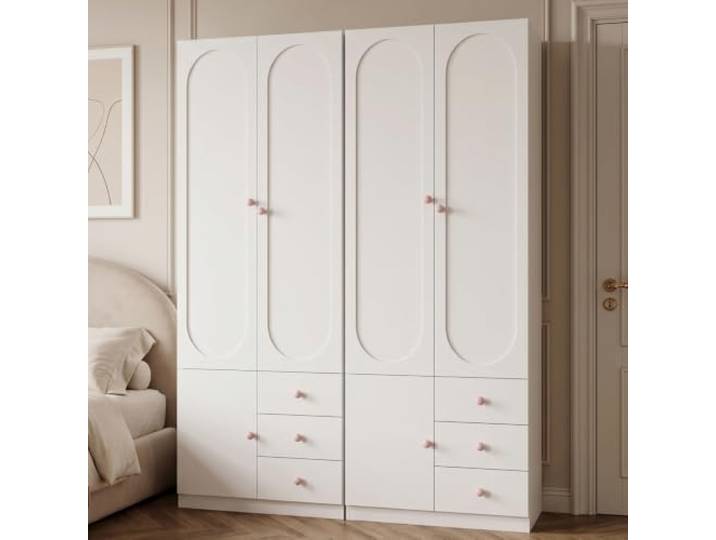 I0I&I0I Kleiderschrank mit Schubladen, Kinderzimmermöbel mit Kleiderstange und bunten Keramikgriffen (2 Sets-1)