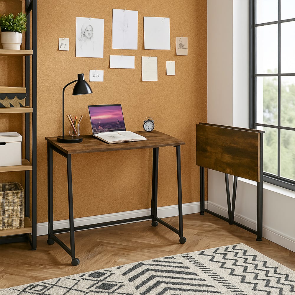 Meubles Cosy Bureau pliant sur roulettes, bureau d'étude, table de bureau marron Marron 80x74x44cm