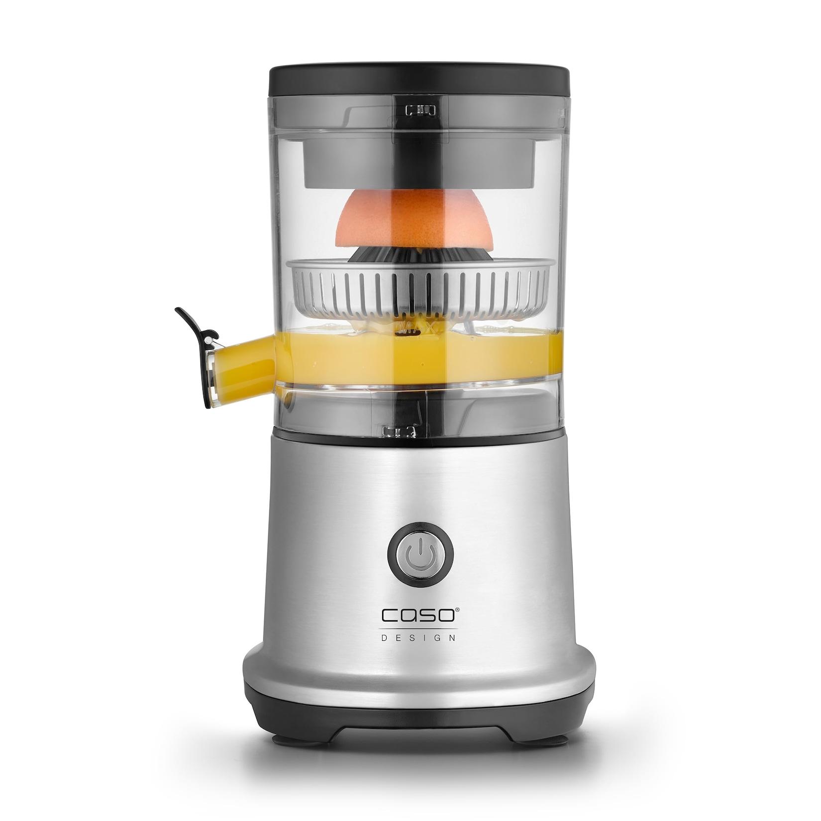 Caso 3563 CP 440 Lift Inox Zitruspresse (Edelstahl-Gehäuse, Universal-Presskegel, automatischer Pressvorgang, Behälter mit praktischem Auslaufstopp, Einzelteile entnehmbar und spülmaschinengeeignet, Saugfüße, 300 Watt, Edelstahl/Schwarz)
