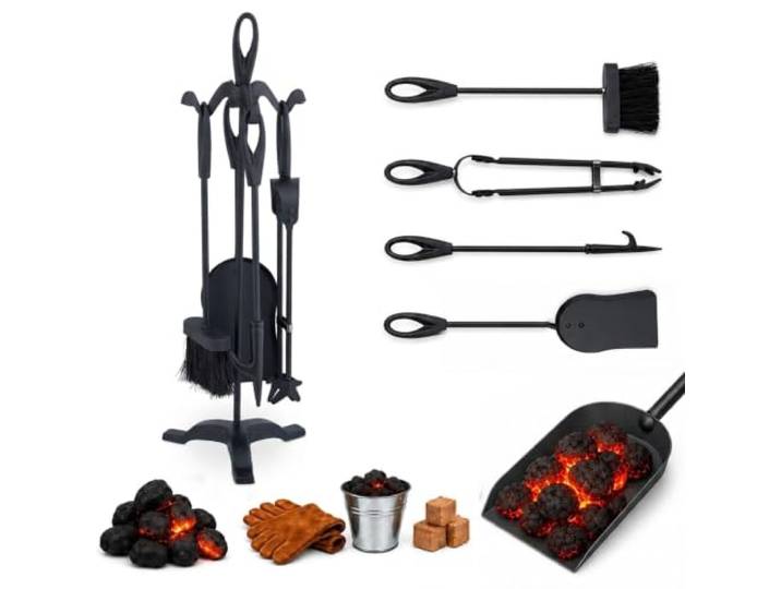 Relaxdays 5 pièces pour cheminée\, tisonnier\, Pelle\, Balai\, Pince & serviteur\, Accessoires poêle à Bois\, Noir