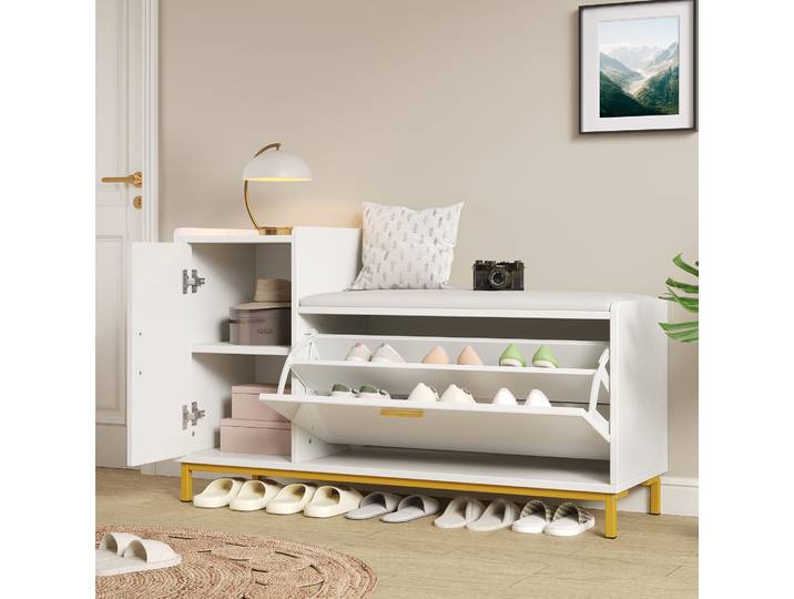 Meuble À Chaussures 100x38x68 Cm Blanc Et Or Avec Assise Rembourrée\, Rangement Fermé\, Meubliv