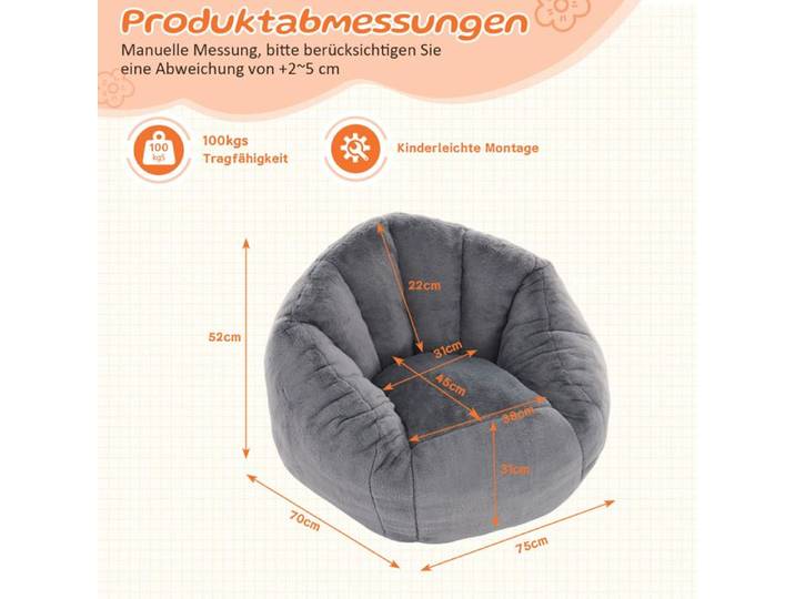 Fauteuil pouf enfant - ZEVKOR - Fauteuil pouf enfant - Polyester peluche - Gris - 75x70x52 cm