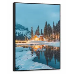 LEINWAND Bilder mit Rahmen - Winterlandschaft - Natur - Haus - Berge - Schnee - 70x100