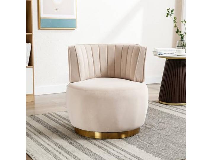 360 Grad Moderner Drehstuhl Runder Drehstuhl Weiches Samt-Finish Bequeme Rückenlehne Stabile Struktur Wohnzimmerstühle Barrel Stühle Geeignet für Wohnzimmer Schlafzimmer Arbeitszimmer, Beige