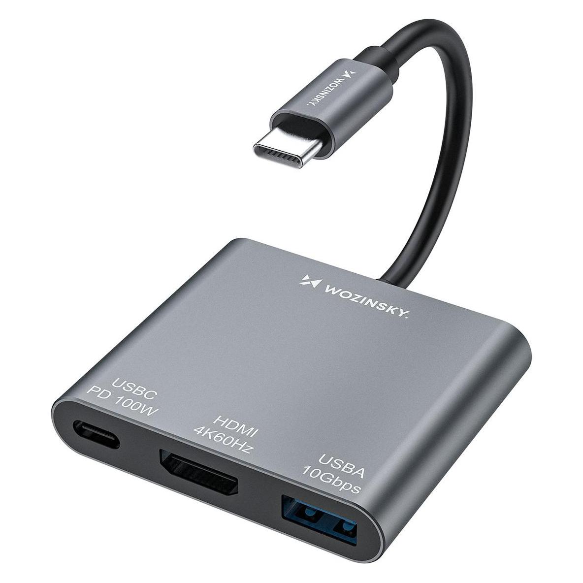 Wozinsky Hub WHCH-01 USB-C PD 100W HDMI 4K@30Hz USB-A 10Gbps - grau (USB-C, 4 Ports) (5907769378911)