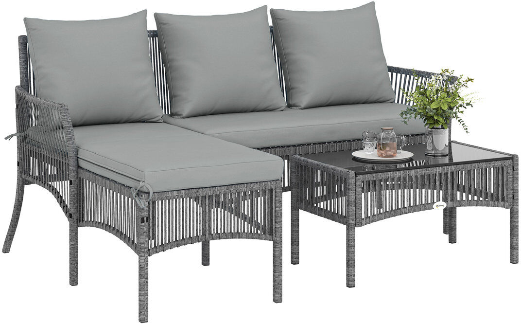 Outsunny 4 Seater Rattan Garden Furniture Set 3 Piece Corner Sofa Grey Cushion/Grey Frame 4