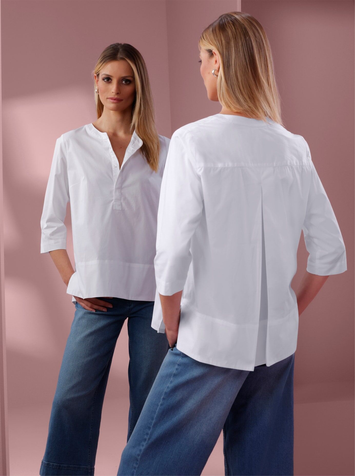 Klassische Bluse HEINE, Damen, Gr. 50, weiss (weiß), 97% Baumwolle, 3% Elasthan, unifarben, Rundhals, Blusen Klassische Bluse weiß 50