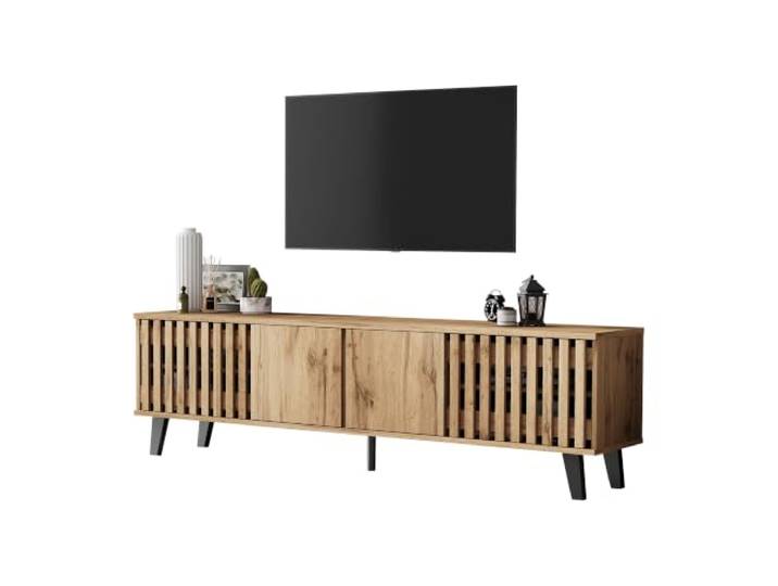 TV-Schrank 180x40x55 cm, Lowboard mit 8 Fächern, Holzoptik Spanplatte mit Holzoptik, 5-Bein-Stabilität, PVC-Füße schwarz, 45 kg Traglast, 8 Fächer + 1 offene Fläche