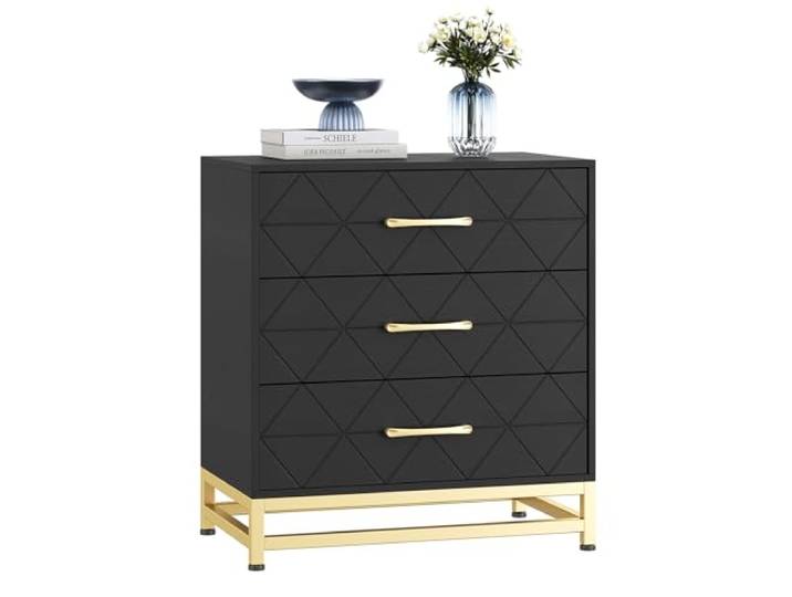 Thaookte Moderne 3-Schubladen-Kommode – Schwarze Nachttisch-Kommode aus MDF mit Breiten Holzschubladen & Metallgriffen – Farbe: Black