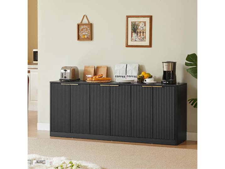 MODFU modernes Sideboard Aufbewahrungsschrank mit Wellenform 6-türiges Design Wohnzimmerschrank mit Stauraum und Metallgriff Schwarz