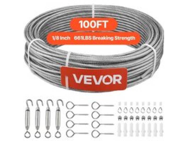 VEVOR Câble Acier Inoxydable 3,2 mm x 30,5 m Cable Inox 304 Kit Fil Tressé Inox Enduit PVC pour Garde-corps Terrasse, Treillis de Jardin, Guirlandes Lumineuses, Résistance à Rupture 2,94 kN, 7x7 Brins