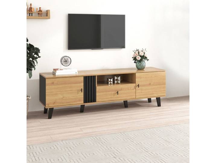 Bladez - Meuble TV 170 cm avec tiroirs deux portes deux étagères réglables élégant et raffiné - Bois + Noir