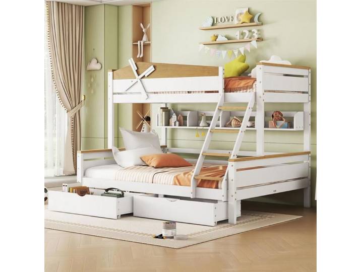 Lit superposé enfants - GUTENT - 90x200cm & 140x200cm - Bois MDF - Rangement intégré - Échelle sécurisée