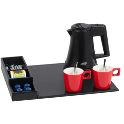 Willkommenstablett SNAP Schwarz mit Wasserkocher STAR 0,5 L Schwarz und 2 rote Porzellantassen