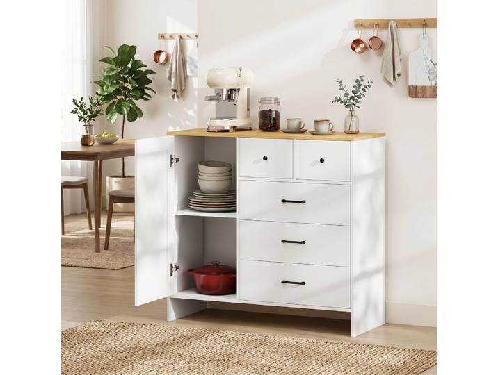 HOMCOM Buffet Rustique 5 Tiroirs Porte 100x40x94cm Blanc