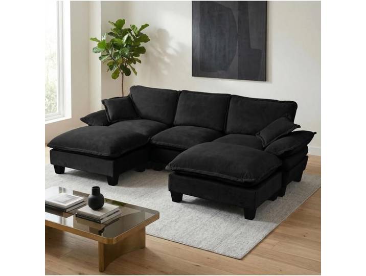 Canape D Angle En U 5 Places Noir Canape Modulable FloraGrace Pour Salon Et Appartement Avec 2 Ottomanes Mobiles 264x155x90cm