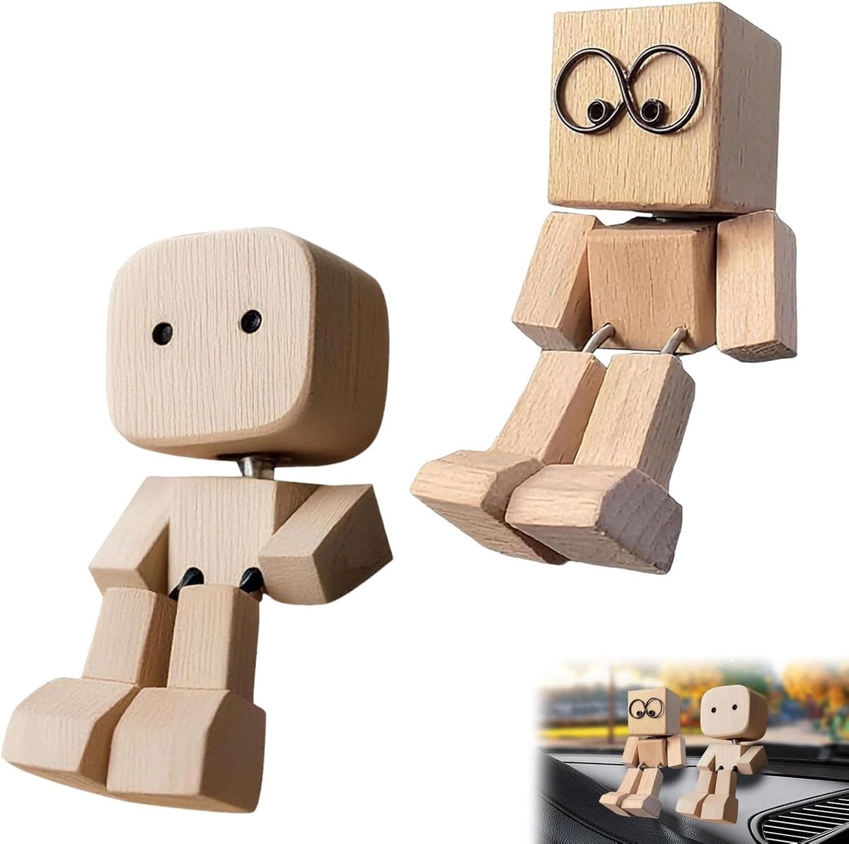 Set van 2 houten wobbelende figuren voor in de auto - Handgemaakte decoratie voor het dashboard