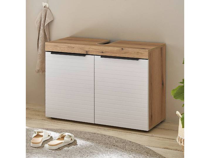 Meuble sous-lavabo 80cm Blanc/Marron/Blanc/Imitation chêne
