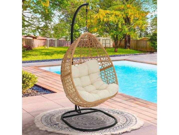 IDMARKET Fauteuil lune suspendu ajouré effet rotin avec coussin écru