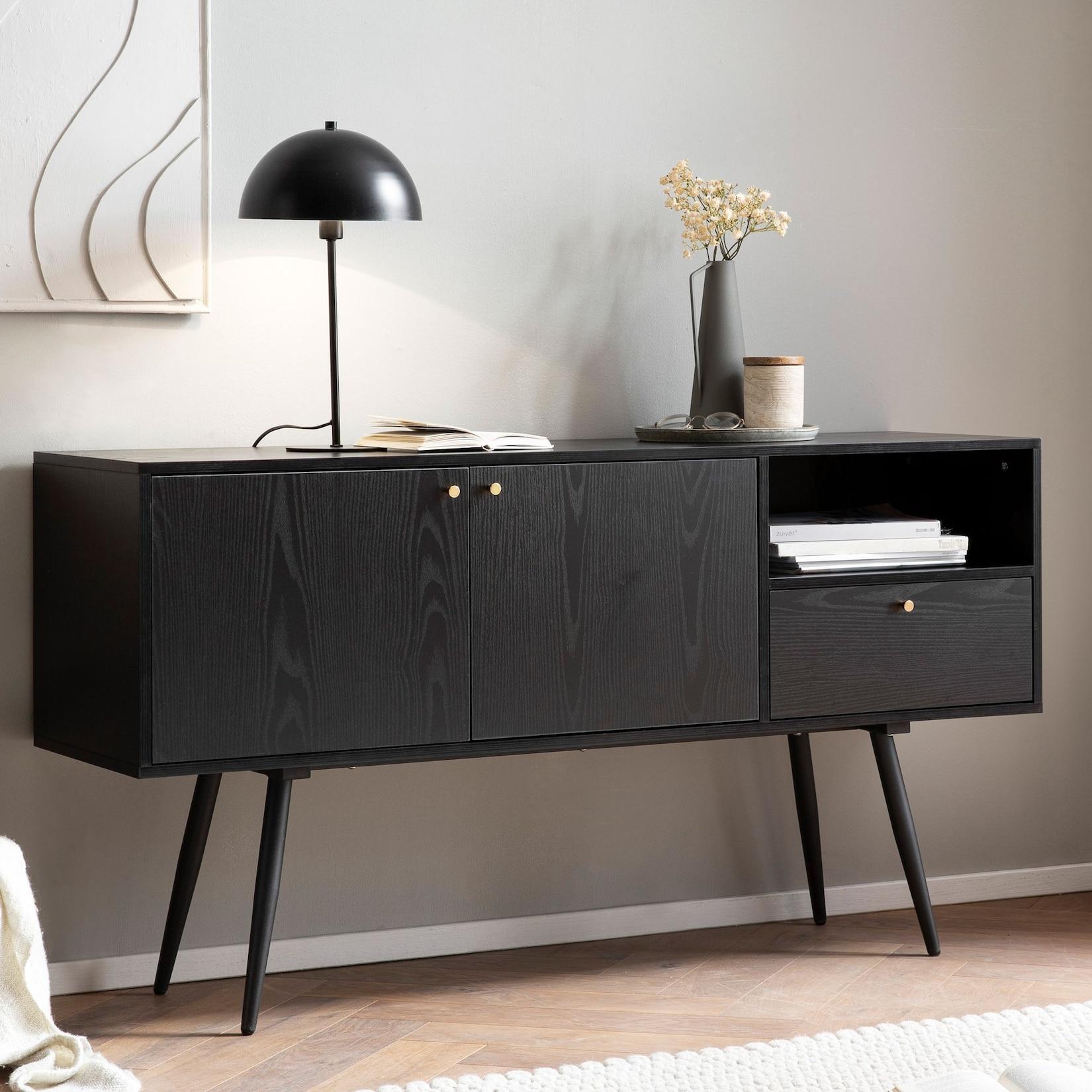 Sideboard FineBuy 140cm Eiche Dekor Schwarz mit 2 Türen Schublade & Ablage Kommode