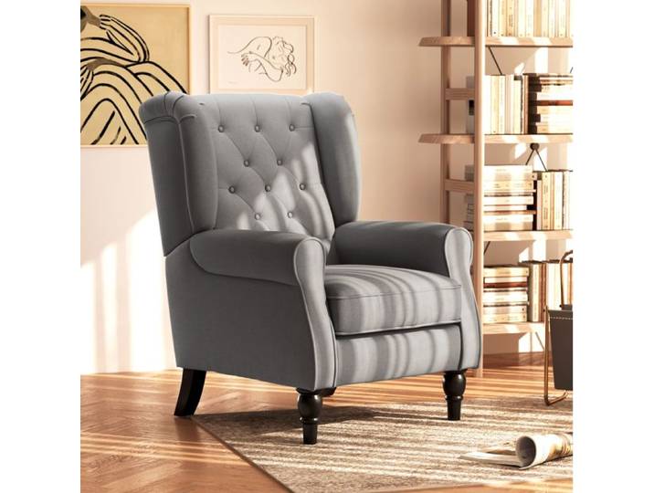 Fauteuil bergère relax capitonné gris foncé en polyester avec accoudoirs et pieds en bois FOLYNA