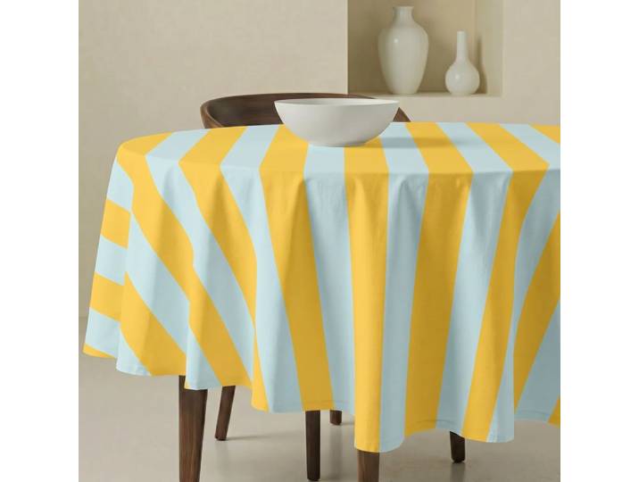 Nappe ronde anti-taches 100 % coton bleu et jaune diamètre 190cm