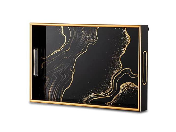 Hanobe Decoratief dienblad zwart dienblad: moderne koffietafel decoratief marmeren patroon salontafel decoratief dienblad met handgrepen voor kruk