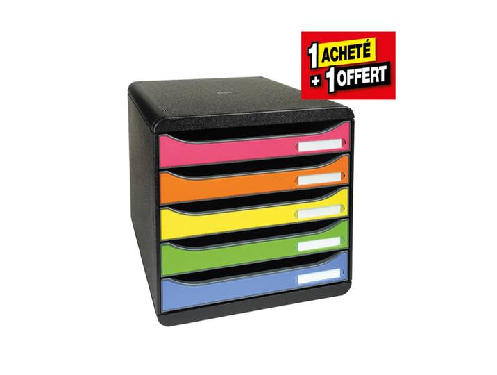 Exacompta Module de classement Big Box 5 tiroirs - corps noir - tiroirs arlequin - Lot de 1 + 1 OFFERT