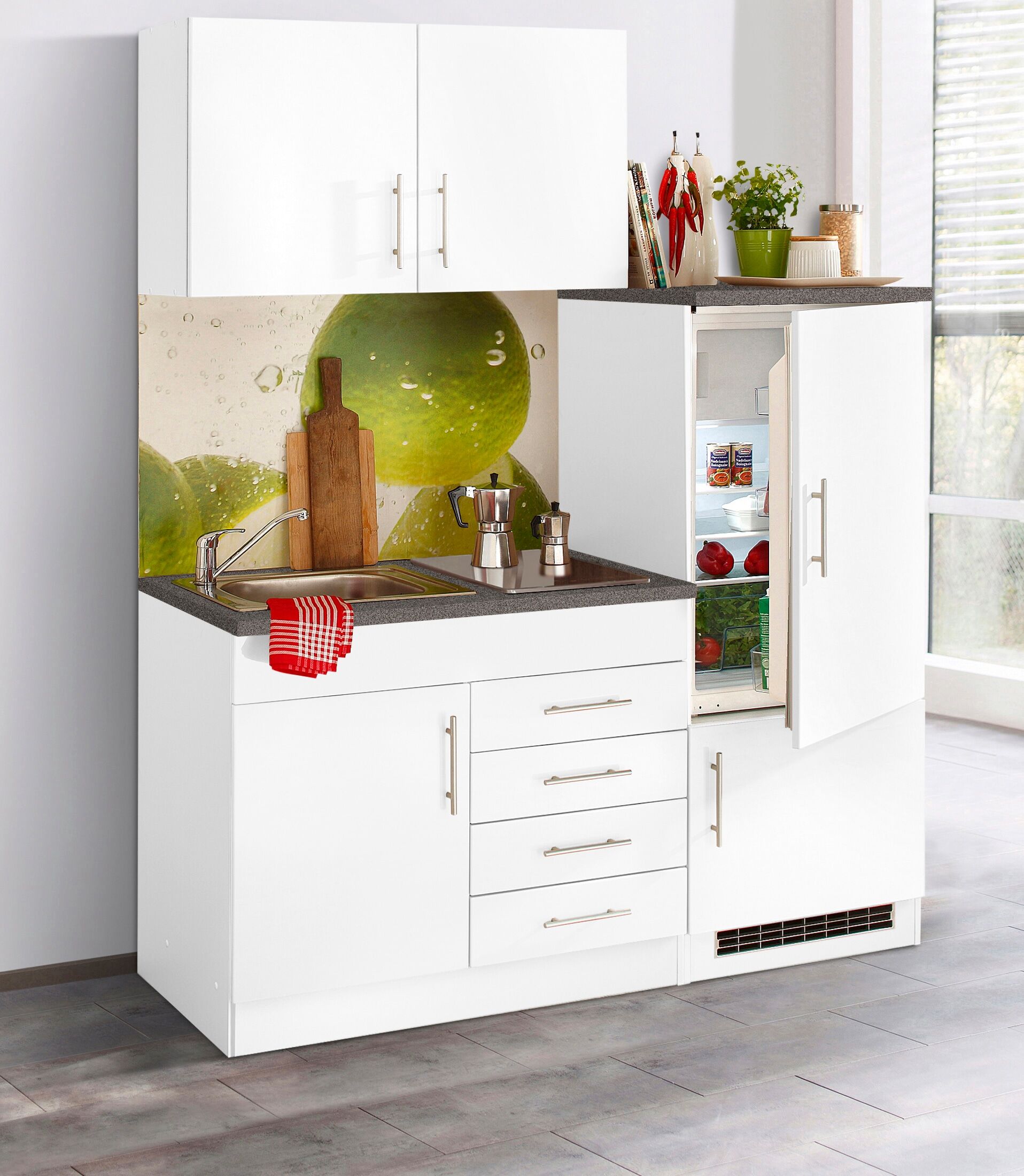 Pantryküche KOCHSTATION "KS-Toledo", weiß (küche: weiß, korpus: weiß, arbeitsplatte: granit), B:160cm T:60cm, Komplettküchen-Sets, Pantryküche, mit E-Geräten, Breite 160 cm